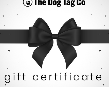 Gift certificate from The Dog Tag Co with a black bow and ribbon on a white background.