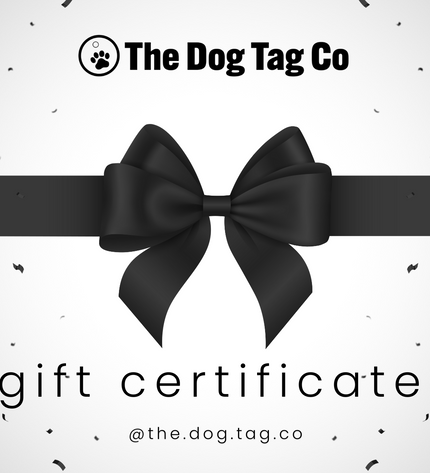 Gift certificate from The Dog Tag Co with a black bow and ribbon on a white background.
