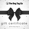 Gift certificate from The Dog Tag Co with a black bow and ribbon on a white background.