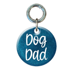 Blue pet tag with 'Dog Dad' text on a white background